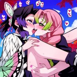 2girls ahe_gao ai_generated ai_hands demon_slayer female female_only french_kissing kimetsu_no_yaiba kissing kochou_shinobu multiple_girls powerhouserift tongue_kiss tongue_touching_another's_tongue tongues_touching yuri