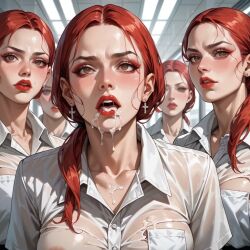 ai_generated allison_eckhart clone clones covered_in_cum earrings long_hair milf multiple_girls naked red_hair scp-2565 scp_foundation white_body