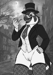 absurd_res anthro aroused avian bird black_tie_(suit) bodily_fluids bottomless bottomless_anthro bottomless_female casual_exposure classy clothed clothing coat dress_shirt exhibitionism falcon falconid fedora female fish_birb genital_fluids genitals hand_on_hip hat headgear headwear hi_res katie_(fish_birb) legwear necktie peregrine_falcon pussy shirt smoking_pipe solo stockings suit suit_jacket tailcoat tobacco_pipe topwear vaginal_fluids victorian