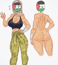 1girls 5_fingers arabian arabian_female back_view bandaged_arm bandaid beige_headwear big_ass big_breasts bra camo_print camouflage countryhuman countryhumans countryhumans_girl dripping_wet female flawsy front_view grey_background hand_on_hip hijab jordan_(countryhumans) laugh laughing looking_at_viewer looking_back looking_back_at_viewer loud massive_breasts military military_uniform mommy muscular muscular_female muslim muslim_female pussy pussy_juice sharp_teeth smirking smirking_at_viewer soldier strong strong_woman sweat sweatdrop sweating sweaty sweaty_body sweaty_butt vagina wet white_background