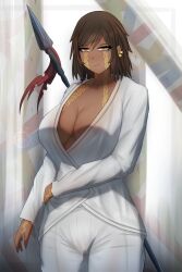 1girls big_breasts blush breasts cleavage dark_skin ear_piercing female limbus_company markings oni-boni outis_(limbus_company) project_moon short_hair smile spear tan_body visible_nipples voluptuous yellow_eyes