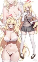 1girls belly_button big_breasts blonde_hair bra breast_focus breasts cleavage female female_focus female_only front_view full_body gloves high_resolution highres huge_breasts light-skinned_female light_skin long_hair looking_at_viewer miniskirt one_eye_closed school_uniform shokuhou_misaki simple_background smiling smiling_at_viewer solo solo_female standing star_eyes teenage_girl teenager thighhighs thong to_aru_kagaku_no_railgun to_aru_majutsu_no_index tongue_out underwear voluptuous voluptuous_female white_background white_gloves white_underwear yellow_body young younger_female