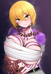 1girls big_breasts blonde_hair blush chains cleavage clothing don_quixote_(limbus_company) limbus_company looking_at_viewer project_moon revealing_clothes short_hair standing tattoo tattoos yellow_eyes