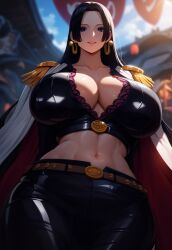 ai_due ai_generated athletic_female black_hair blue_eyes boa_hancock bra earrings female female_only gigantic_breasts huge_breasts jacket jeans light-skinned_female light_skin long_hair looking_at_viewer massive_breasts mature mature_female one_piece shounen_jump smiling voluptuous voluptuous_female