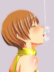 brown_hair bukkake cum cum_in_mouth cum_on_tongue dark_persona em em_(totsuzen_no_hakike) empty_eyes facial female gokkun open_mouth persona persona_4 profile saliva satonaka_chie shadow_chie shadow_self_(persona) short_hair simple_background steam tongue yellow_eyes