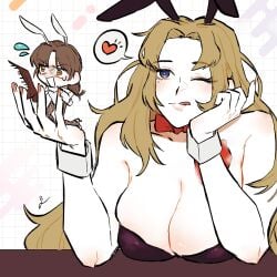 1boy 1girls big_breasts blue_eyes blush bunny_ears bunnysuit gregor_(limbus_company) limbus_company long_hair one_eye_closed project_moon revealing_clothes rodion_(limbus_company) tie