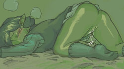 blush clothing cum female green green_hair kokiri lowres nintendo ocarina_of_time pointy_ears pussy saria short_hair solo straight_hair the_legend_of_zelda uncensored