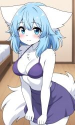 ai ai-created ai_art ai_generated anthro bedroom blue_eyes blue_hair breasts living_room looking_at_viewer pixai purple_bikini purple_bikini_top purple_skirt smiling_at_viewer tagme vtuber vtuberfanart white_body white_fur wolf wolf_girl wolfychu youtube youtuber_girl youtubers