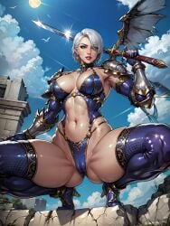 ai_generated ass bandai_namco big_ass big_breasts bikini_armor breasts cameltoe huge_breasts isabella_valentine large_breasts short_hair skimpy_armor soul_calibur spread_legs squatting thick_thighs white_hair wide_hips xrp7788