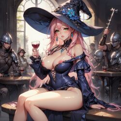 1girls ai_generated armorphiss barbarian breasts character_request fantasy female green_eyes knight light-skinned_female long_hair looking_at_viewer magical_girl nipples original original_character petite pink_hair seductive tavern wand wine wine_glass witch witch_costume witch_hat