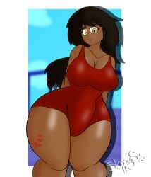 big_hips big_thighs brown_hair ebony fanart guilty_gear guilty_gear_strive huge_breasts huge_thighs may_(guilty_gear) skin_color_change sloppy_sab solo solo_female solo_focus swimsuit swimwear thick_thighs wide_hips