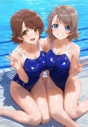 ai_generated ass blue_eyes breasts brown_hair competition_swimsuit honda_mio idolmaster large_breasts legs love_live! love_live!_sunshine!! multiple_girls one-piece_swimsuit short_hair swimsuit the_idolm@ster thighs watanabe_you yellow_eyes