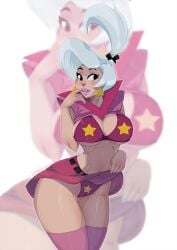 1girls 2017 absurd_res belly_button black_eyes bra cleavage curvy curvy_figure digital_media_(artwork) earring earrings earrings_only female female_focus female_only hanna-barbera huge_breasts judy_jetson legwear legwear_only looking_at_viewer navel panties skirt skirt_pull solo the_jetsons thick_lips thick_thighs thighs tovio_rogers voluptuous white_background white_hair wide_hips zoom_layer