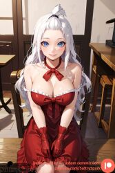 ai_generated blue_eyes breasts commission dress fairy_tail gloves indoors large_breasts looking_at_viewer mirajane_strauss patreon patreon_username red_gloves red_outfit red_ribbon ribbon sultryspark white_eyes