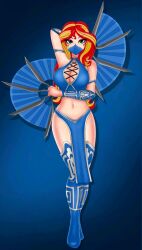 1girls 2020 artist_request big_breasts blue_background blue_clothing blue_legwear blue_topwear boob_window cleavage cleavage_cutout cosplay crossover_cosplay deviantart deviantart_link equestria_girls female green_eyes hasbro kitana_(cosplay) large_breasts light-skinned_female long_hair looking_at_viewer mask masked_female mortal_kombat mortal_kombat_(2011) red_hair revealing_clothes solo sunset_shimmer two_tone_hair yellow_hair