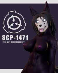 3d 3d_(artwork) 3d_model black_body black_hair black_skin breasts canine fangs furry glowing_eyes mal0 malo monolitwec nude purple_nipples scp-1471 scp-1471-a scp-1471-a_(monolitwec) scp_foundation scp_logo simple_background skull_head solo standing tongue_out