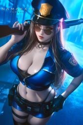 ai_generated big_breasts brown_hair caitlyn_kiramman cleavage collar cops_and_robbers_series female female_only fully_clothed gloves gun holding_weapon league_of_legends looking_over_eyewear looking_over_glasses looking_over_sunglasses miniskirt namakxin officer_caitlyn police police_uniform revealing_clothes skimpy_clothes skirt stockings sunglasses thong_straps tight_clothing tinted_eyewear uniform weapon wearing_glasses