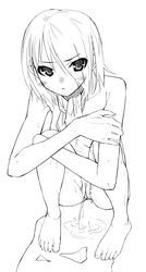 barefoot blush copyright_request crossed_arms feet monochrome nude peeing short_hair squat squatting yada_ei