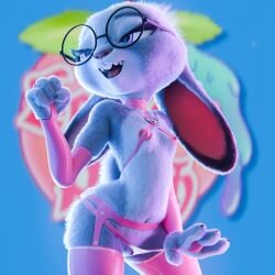 3d 4_fingers absurd_res absurdres anthro areolae blue_eyes blurry_background breasts buckteeth bunny bunny_ears choker clothing detailed disney ears_down elbow_gloves eyebrows female fingerless_gloves fur furry furry_only garter_straps glasses judy_hopps lagomorph lingerie long_eyelashes looking_at_another nipple_bulge open_mouth pochemu small_breasts solo stockings thong thong_pull underwear_pull zootopia