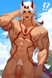 ai_generated arataki_itto bara genshin_impact male male_only muscle muscular muscular_male penis solo solo_male sweat