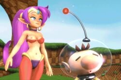 1boy1girl blue_eyes breasts_out brown_hair crossover earrings elf_ears green_hill_zone hocotatian hypnosis light nintendo olimar pikmin pleasure_face provocative_clothing purple_hair shantae shantae_(character) small_breasts smaller_male sonic_(series) space_helmet spacesuit