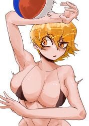 1girls big_breasts blonde_hair don_quixote_(limbus_company) limbus_company micro_bikini project_moon short_hair sweat volleyball yellow_eyes