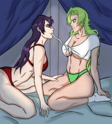 2girls bambietta_basterbine black_hair bleach candice_catnipp female female/female female_only female_with_female girls girls_only green_hair lesbian multiple_girls playful reconat17 yuri