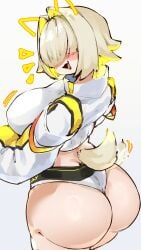 1girls ass big_ass big_breasts big_butt blonde_hair blush crr001 elegg_(nikke) fat_ass female female_only goddess_of_victory:_nikke hair_over_eyes large_ass large_breasts looking_back multicolored_hair open_mouth solo solo_female solo_focus tail thick_thighs thighs wide_hips yellow_hair