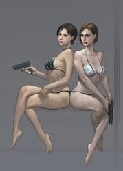 2girls ada_wong ada_wong_(caroline_ribeiro) back-to-back bare_shoulders barefoot beretta_92_(weapon) bikini black_bikini black_hair blue_eyes bra breasts brown_eyes brown_hair capcom cleavage crossed_legs dbd dead_by_daylight erect_nipples feet female firearm glock gun handgun highres jill_valentine jill_valentine_(julia_voth) legs_crossed lingerie midriff multiple_girls navel panties pistol resident_evil resident_evil_2 resident_evil_3 resident_evil_4 short_hair sideboob sitting swimsuit trigger_discipline weapon white_bikini xiaji