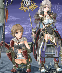 2girls anus armor black_panties brown_hair clothing epona_(ys) falcom female female_only homare_(pixiv414926) homare_(suzu_no_oka) multiple_girls panties panty_pull peeing peeing_together pussy silver_hair squat squatting staff standing_pee translated uncensored underwear watersports white_panties ys ys_origin zava