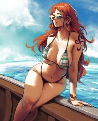 1girls big_breasts bikini breasts busty cleavage curvy female female_only leaning long_hair missfaves nami one_piece orange_hair outdoors pose post-timeskip sea ship solo striped_bikini sunglasses tattoo thick_thighs tinted_eyewear voluptuous water