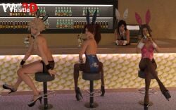 1boy 3d 3d_(artwork) 3d_model 3girls aerith_gainsborough alcoholic_drink bar bartender black_nail_polish black_nails blonde_hair brown_eyes brown_hair bunnysuit cloud_strife dark_brown_hair female femboy final_fantasy final_fantasy_vii final_fantasy_vii_remake green_eyes high_heels indoors jessie_rasberry male nightclub playful red_eyes shirtless shirtless_male square_enix tifa_lockhart twink wolfwhistle3d