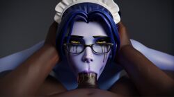 1boy 1girls :>= ai_generated blowjob dark-skinned_male deepthroat glasses head_grab maid maid_headdress minority oral overwatch overwatch_2 penis tight_throat tongue tongue_out widowmaker