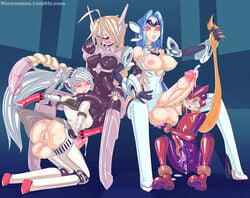 1boy 3futas ahe_gao androgynous android balls balls_in_bodysuit blush breasts crossover cum erection_under_clothes femboy foursome full-package_futanari futa_is_bigger futa_on_futa futa_on_male futanari girly group_sex gynoid handjob high_heels intersex kos-mos labrys lambda-11 male masturbation mega_man mega_man_zero necrosmos nipples penis penis_in_bodysuit penis_size_difference pussy red_eyes robot testicles trap vagina vaginal_penetration zero_(mega_man)