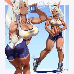 abs ass bare_arms bare_legs bare_shoulders bare_thighs big_ass big_breasts big_butt blush bunny_ears bunny_girl bunny_tail castell color dark-skinned_female dark_skin drinking fat_breasts fit_female gym_clothes hi_res large_breasts long_hair looking_at_viewer miruko muscles muscular muscular_arms muscular_female muscular_legs muscular_thighs my_hero_academia rumi_usagiyama six_pack tagme thick_thighs white_hair