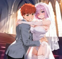 1boy 1girls ai_generated blush breasts emiya_shirou fate/grand_order fate/stay_night fate_(series) half_naked light-skinned_female looking_at_viewer mash_kyrielight pink_hair red_hair shielder_(fate/grand_order) smile thick_thighs truck_kun wedding_dress wedding_lingerie wedding_veil