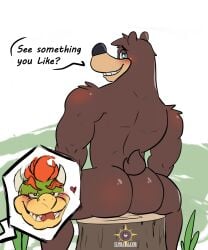 2024 anthro anthro_on_anthro ass banjo-kazooie banjo_(banjo-kazooie) bear big_butt blush bowser cutaway dialogue duo elpiratalakshm1 english_text eyebrows fur gay grass hair heart heart_symbol hi_res horn imminent_sex inviting koopa looking_back male male/male male_only mammal mario_(series) muscular muscular_anthro muscular_male narrowed_eyes nintendo nude open_mouth open_smile plant rareware rear_view scalie simple_background sitting smile stump teeth text tongue tuft watermark wood