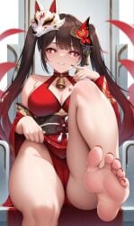 1girls ai_generated bare_legs bare_shoulders bare_thighs barefoot brown_hair cameltoe cleavage feet female female_focus female_only foopanthia foot_fetish foot_play hi_res highres honkai:_star_rail honkai_(series) red_eyes soles sparkle_(honkai:_star_rail) sweat sweating teasing thick_thighs thighs toenail_polish toes