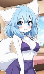ai ai-created ai_art ai_generated anthro bedroom blue_eyes blue_hair breasts living_room looking_at_viewer pixai purple_bikini purple_bikini_top purple_skirt smiling_at_viewer tagme vtuber vtuberfanart white_body white_fur wolf wolf_girl wolfychu youtube youtuber_girl youtubers