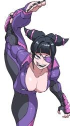 bent_over black_hair breasts female fingerless_gloves gloves hand_on_own_hip highres holding_eyepatch ilo_a5 jumpsuit juri_han looking_at_viewer purple_eyes purple_jumpsuit raised_eyebrow street_fighter street_fighter_v