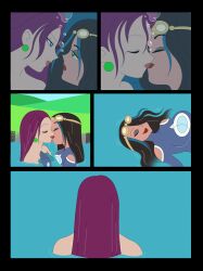 2girls akira-devilman666 black_hair blue_eyes blue_highlights breasts comic earrings game_freak goggles goggles_on_head green_eyes jessie_(pokemon) kissing lipstick multiple_girls nintendo outdoors pokemon pokemon_(anime) pokemon_oras purple_hair shelly_(pokemon) shelly_(pokemon_oras) submerged underwater water wet_hair yuri