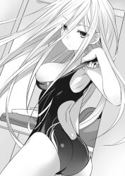 armpits ass back back_view bare_legs bare_thighs big_breasts black_and_white breasts date_a_live ellen_mira_mathers long_hair mature_female novel_illustration official_art one-piece_swimsuit removing_swimsuit swimsuit thighs tsunako