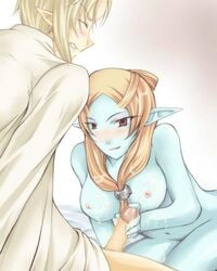 1boy 1girls blue_skin blush bottomless breasts clothing cum cum_on_breasts female grimace handjob large_breasts link link_(twilight_princess) long_hair microspace midna nintendo nipples nude orange_hair penis pointy_ears red_eyes spoilers straight straight_hair the_legend_of_zelda twili twili_midna twilight_princess uncensored