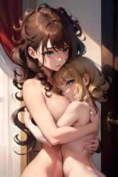 2girls age_difference ai_generated blonde_female blonde_hair blonde_hair_female blue_eyes blush breasts brown_hair brunette_hair curly_hair dazer face_in_breasts height_difference hugging long_hair looking_at_viewer mother_and_daughter nude nude_female short_hair size_difference tagme yuri