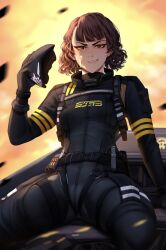 1girls ai_generated athletic brown_eyes brown_hair cameltoe cum cum_on_face democracy eagle-1_(helldivers) female flight_suit harness helldiver helldivers helldivers_2 jumpsuit looking_at_viewer pilot pilot_suit pussy_visible_through_clothes short_hair soldier solo solo_female spread_legs white_skin