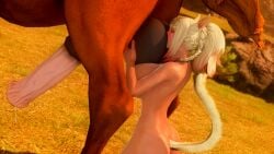 3d ball_fondling ball_worship big_breasts final_fantasy final_fantasy_xiv holding horse horse_penis horsecock huge_breasts kissing miqo'te nude pinksloot precum precum_drip precum_string tagme zoophilia