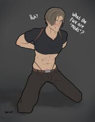 arms_behind_back blush blushing buldge crop_top cursing ijwt_art leon_scott_kennedy male_only on_knees plain_background resident_evil tattoo text