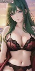 ai_generated ai_hands anime anime_style big_breasts bra breasts female female_human female_only girl girls green_eyes green_hair long_hair only_female only_girl panties red_bra red_panties red_underwear slim_waist soli_sketch underwear waist