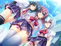 3girls ahoge aqua_panties black_hair black_legwear black_thighhighs blue_eyes blue_hair blush bow brown_hair clothed_masturbation clothing collar discreet_vibrator dutch_angle everyone female female_only femsub from_below game_cg goshujin-sama_daisuki goshujinsama_daisuki hair_ornament hairclip kuu_spitfire lock long_hair masturbation midriff multiple_girls multiple_subs murakumo_sakura necktie outdoors padlock padlocked_collar panties pink_eyes public public_vibrator purple_hair purple_panties red_eyes school_uniform score shishiouin-hime shishiouin_hime short_hair silver_hair skirt skirt_lift sky slave stockings thigh_band thigh_strap thighhighs underwear upskirt vibrator white_hair white_legwear white_panties white_thighhighs wince yatsuha_kanan yellow_eyes