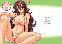 akiyama_kenta anus areola_slip areolae bikini blush breasts brown_eyes brown_hair cover cum cum_on_body cum_on_breasts cum_on_hair cum_on_upper_body doujin doujinshi erect_nipples fat_mons female female_only gundam gundam_00 human large_breasts long_hair micro_bikini navel nipple_slip nipples partially_visible_anus partially_visible_vulva sitting solo spread_legs sumeragi_lee_noriega sweat swimsuit tongue uncensored very_long_hair white_bikini